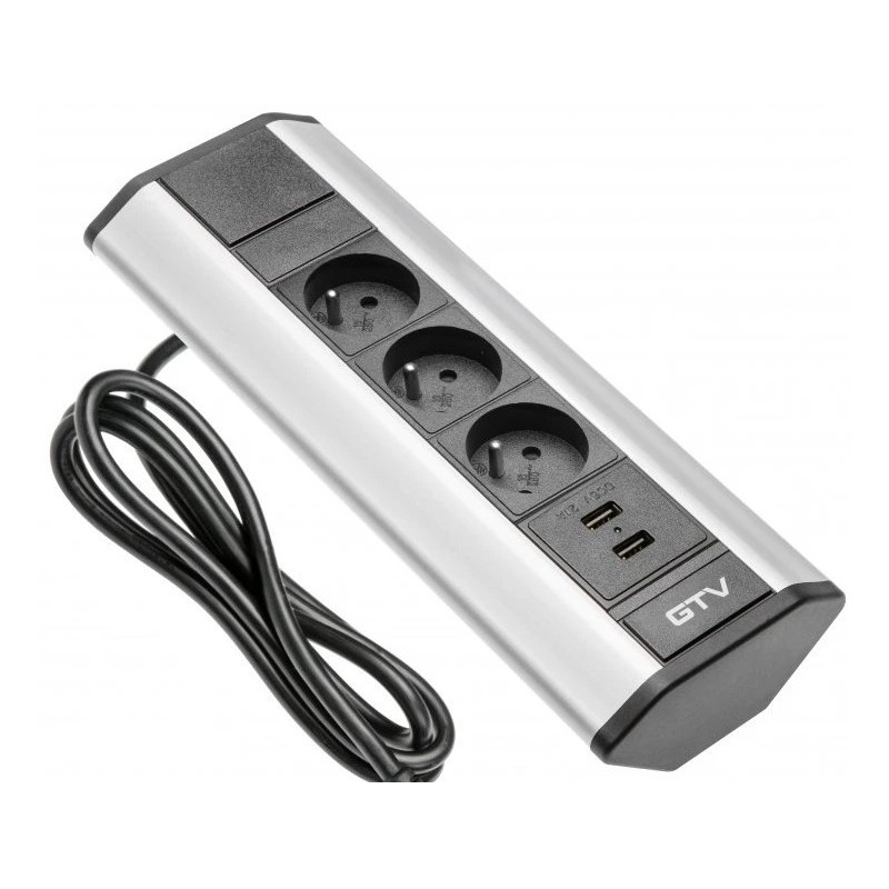 GTV – Przedłużacz biurkowy kątowy PBKT3U2U 3x230V, USB, srebrny