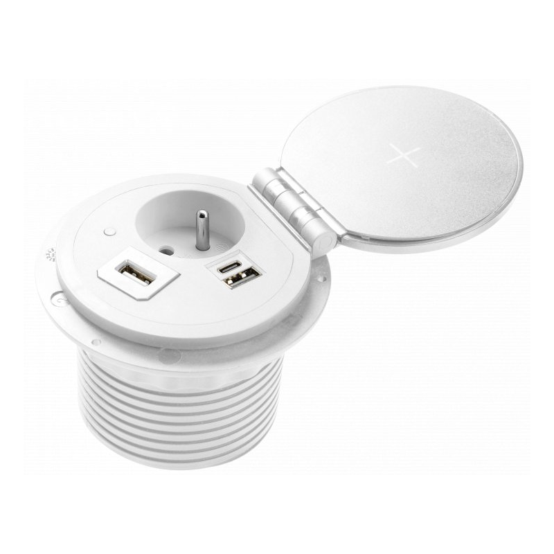 GTV – Przedłużacz biurkowy wpuszczany CHARGER PLUS ładowanie indukcyjne, 230V, HDMI, RJ-45, biały/czarny