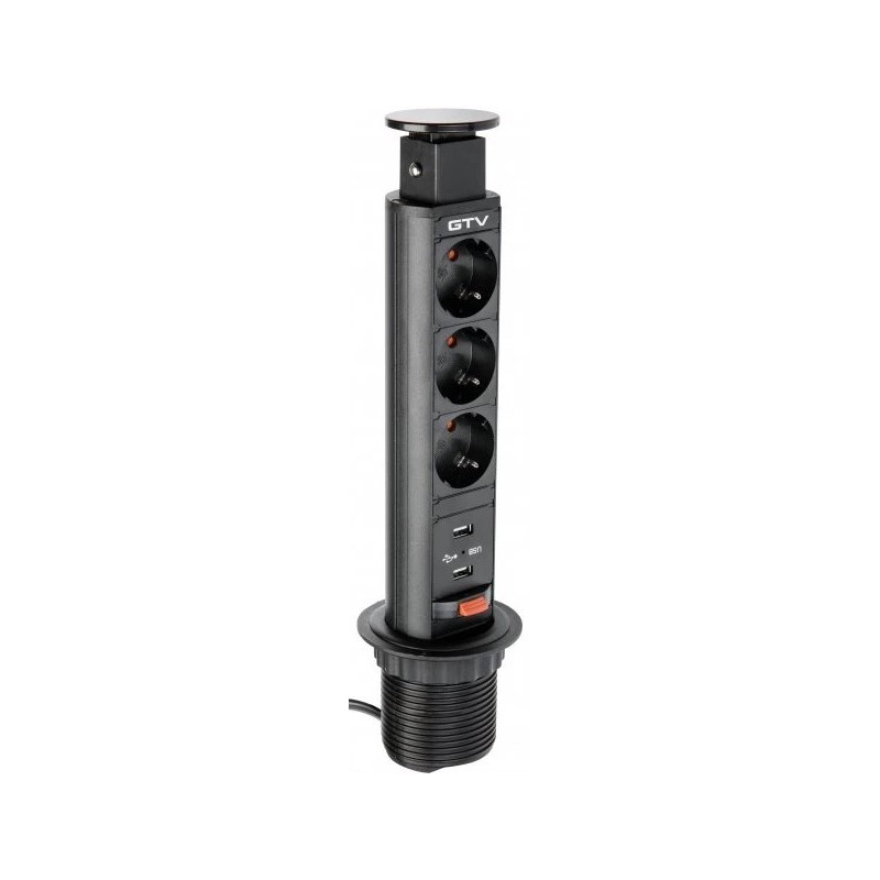 Gniazdo wysuwane z blatu, przedłużacz meblowy 3x230V, USB, fi–60mm