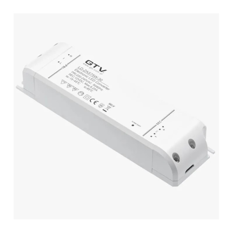 GTV – Transformator led we: 220V-240V~50hz. wy: 12V dc/75W. IP20