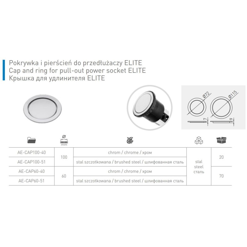 Pokrywka i pierścień do przedłużaczy ELITE 60mm inox