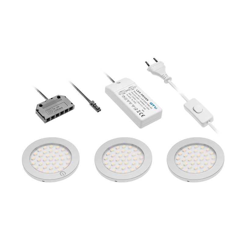 GTV – Zestaw 3 opraw LED Castello, pierwsza w włącznikiem, zasilacz 15W, 12V DC, ciepły biały, dystrybutor