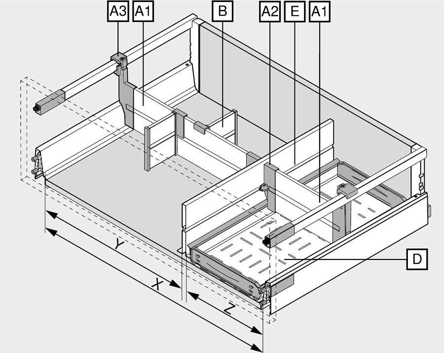 Podział wewnętrzny szuflad Tandembox