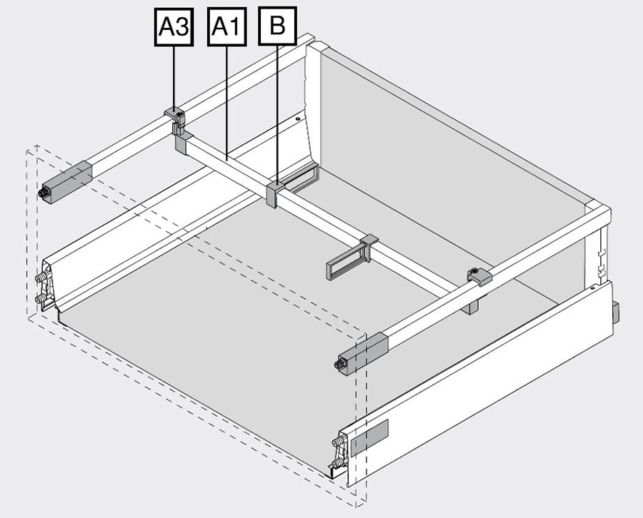 Podział wewnętrzny szuflad Tandembox - reling poprzeczny